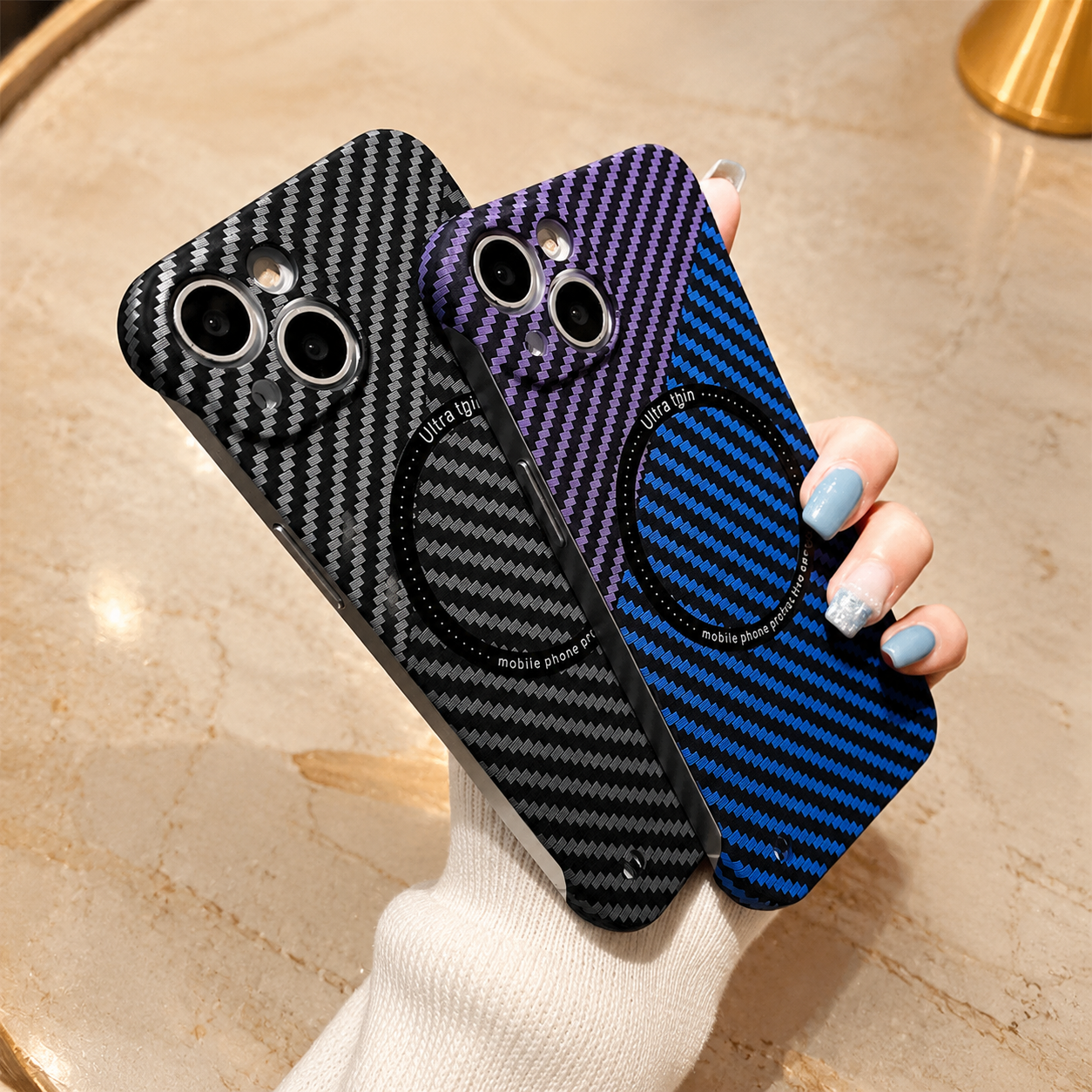 Premium iPhone Case Carbon Fiber MagSafe Cover Frameless Matte PC Slim Protective Case Logo Hollow Magnetic Ring Wireless Charging Compatible
