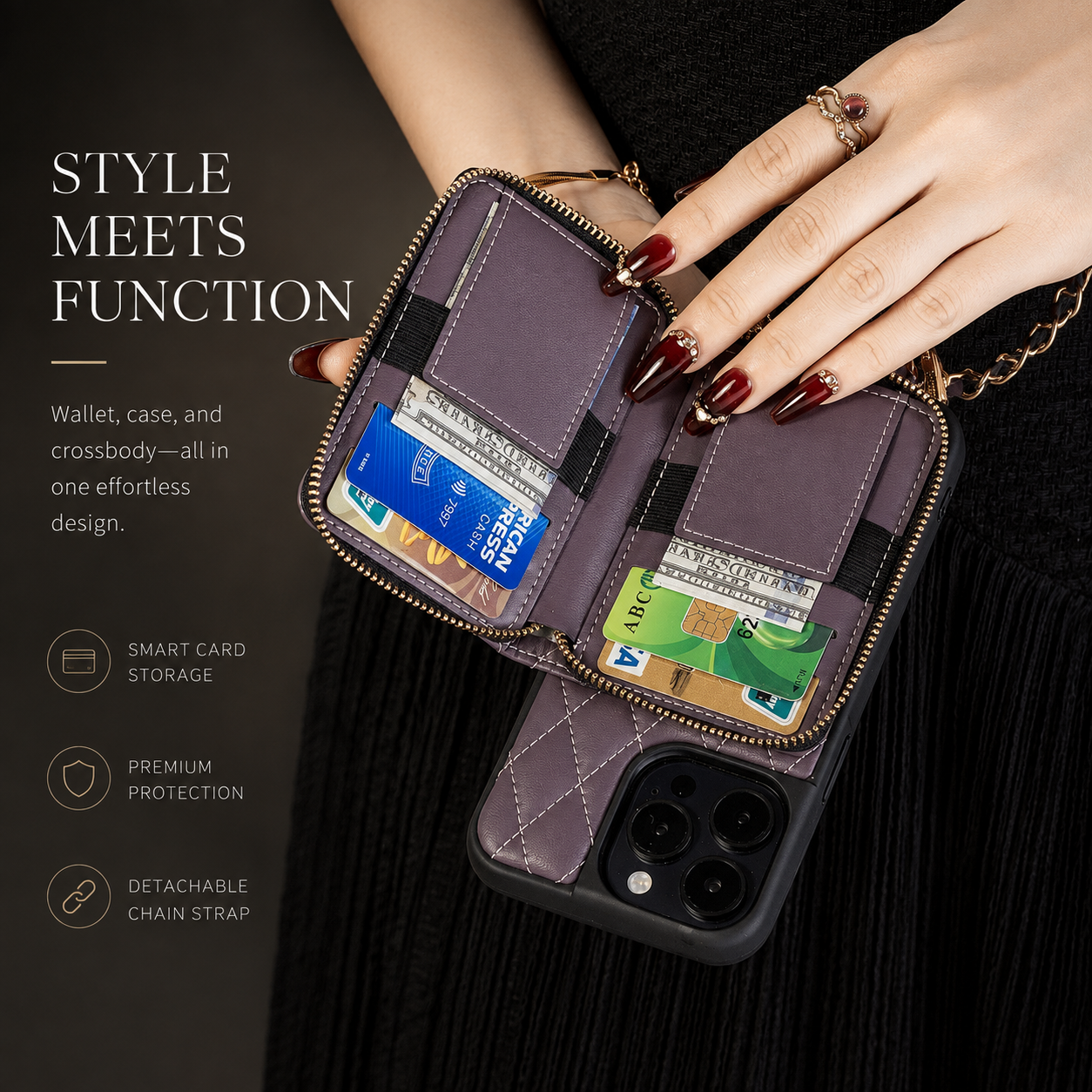 Premium iPhone Case Crossbody Leather Card Holder Cover Chain Strap Camera Lens Protection Shockproof Anti Scratch Non Slip Full Coverage