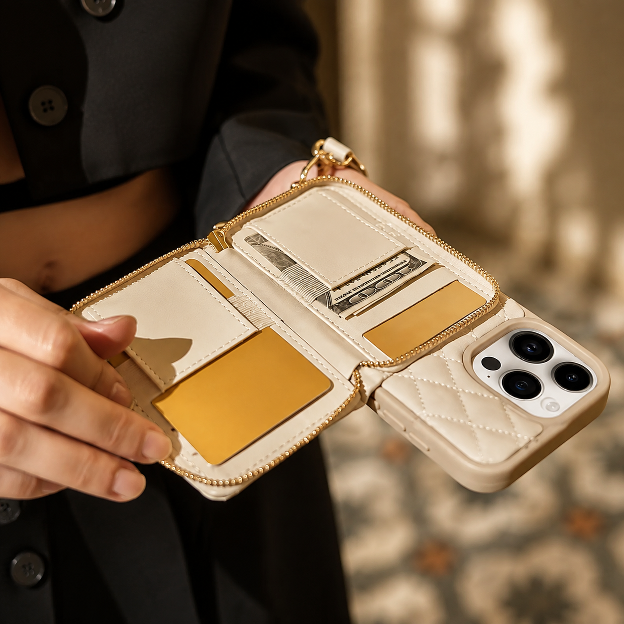 Premium iPhone Case Crossbody Leather Card Holder Cover Chain Strap Camera Lens Protection Shockproof Anti Scratch Non Slip Full Coverage