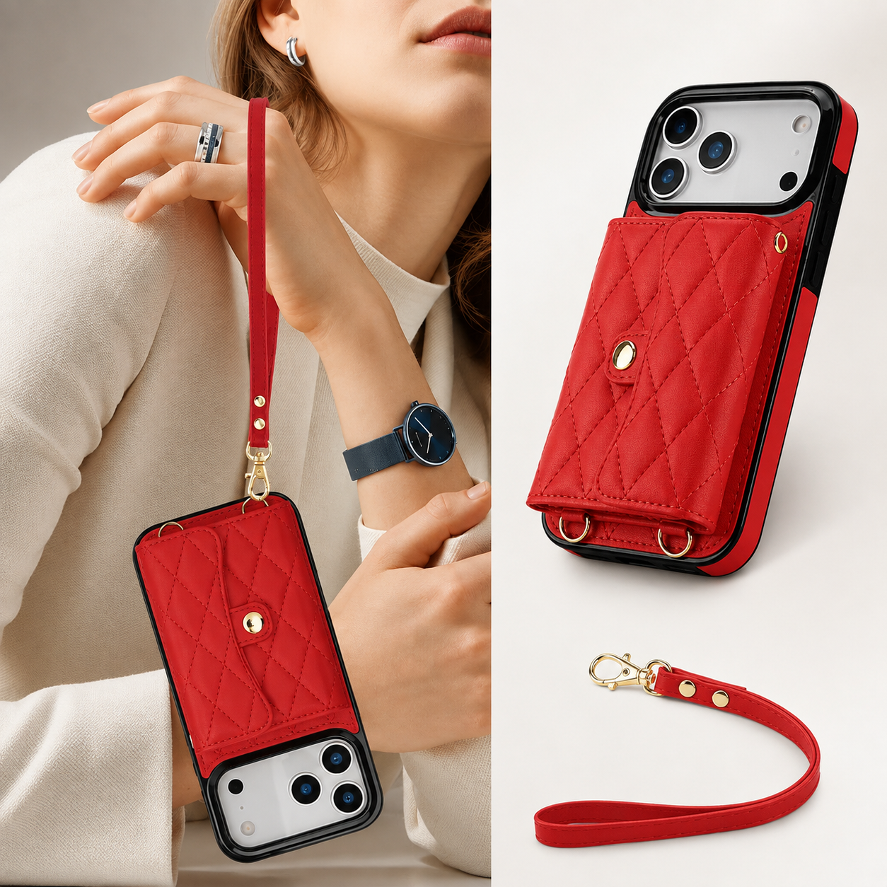 Premium iPhone Case Crossbody Leather Wallet Cover Card Holder Coin Pocket Wrist Strap Shoulder Strap Shockproof Protective Cover Full Coverage Non Slip Design