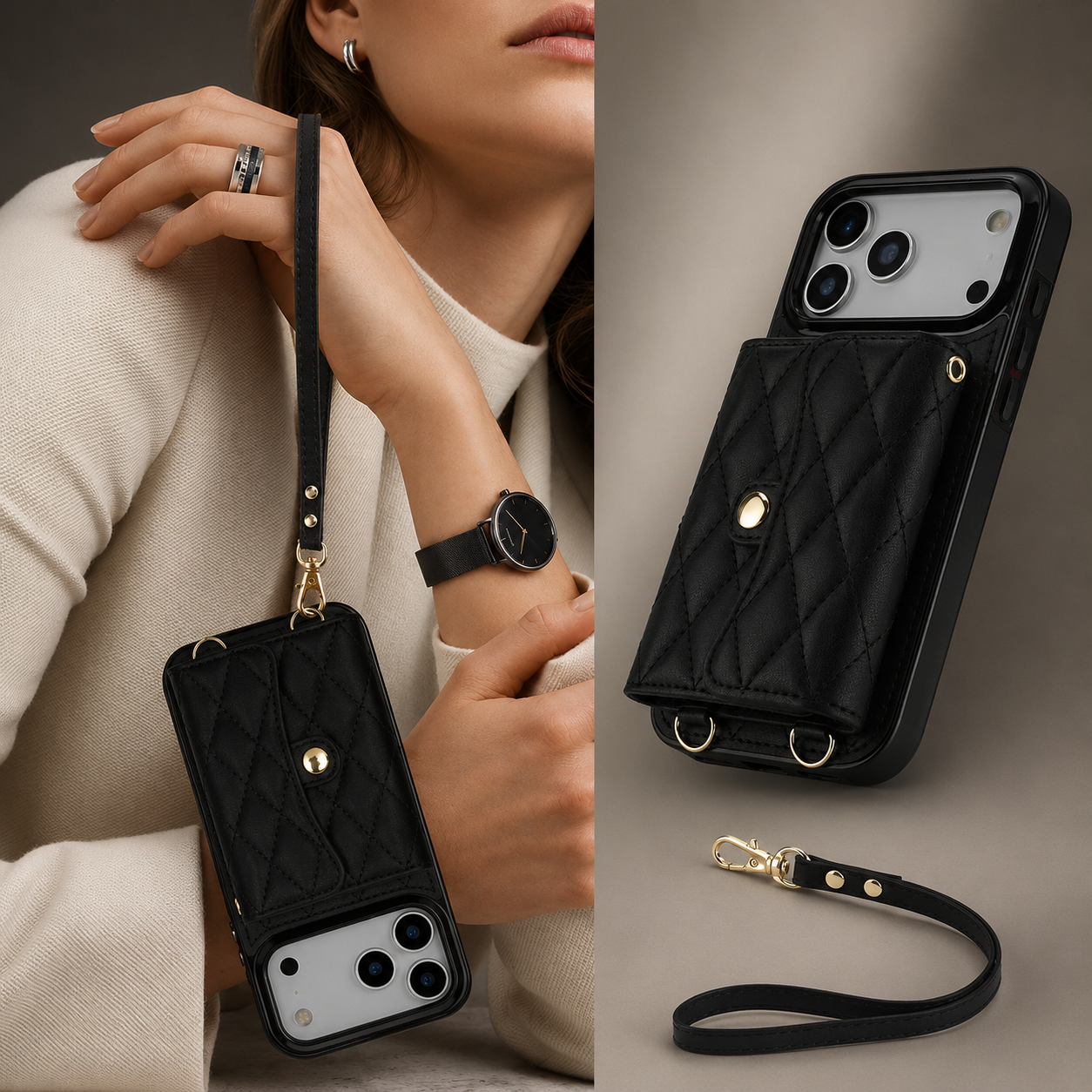 Premium iPhone Case Crossbody Leather Wallet Cover Card Holder Coin Pocket Wrist Strap Shoulder Strap Shockproof Protective Cover Full Coverage Non Slip Design