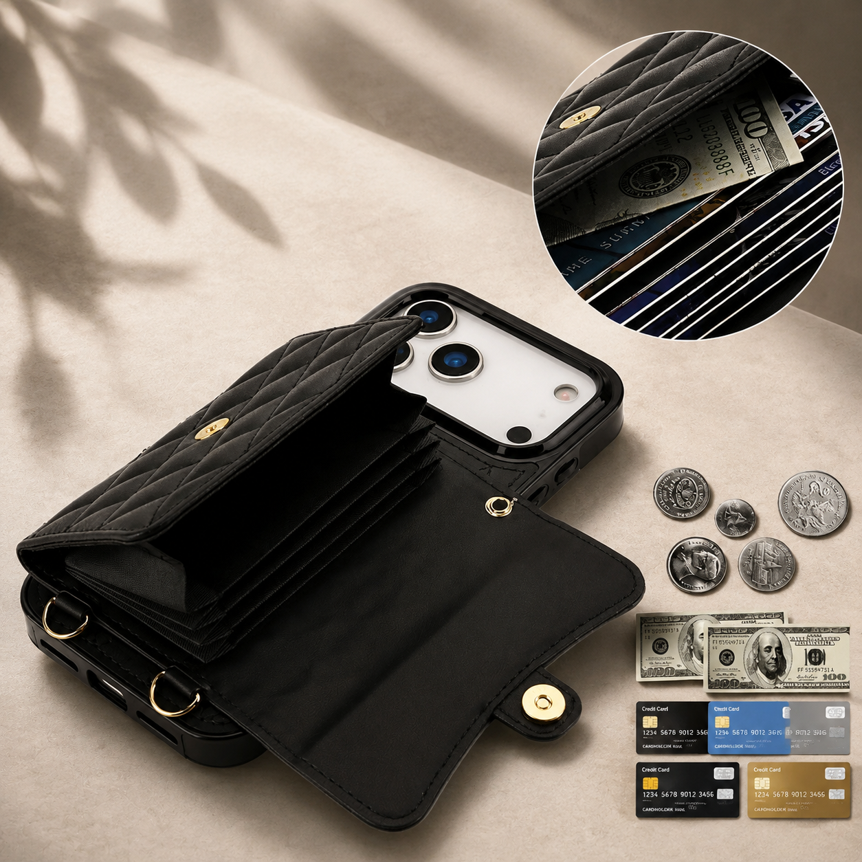 Premium iPhone Case Crossbody Leather Wallet Cover Card Holder Coin Pocket Wrist Strap Shoulder Strap Shockproof Protective Cover Full Coverage Non Slip Design