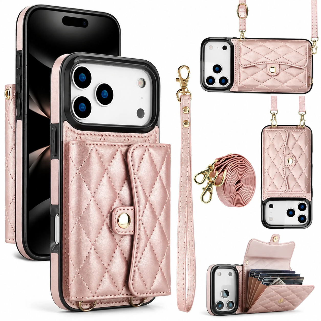 Premium iPhone Case Crossbody Leather Wallet Cover Card Holder Coin Pocket Wrist Strap Shoulder Strap Shockproof Protective Cover Full Coverage Non Slip Design