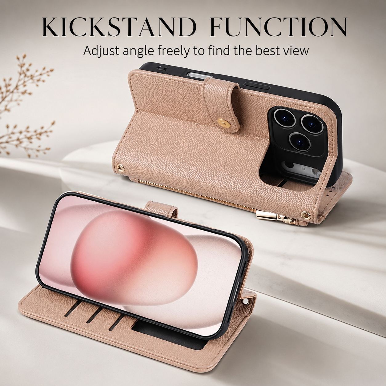 Premium iPhone Case Crossbody Leather Wallet Cover Card Holder Lanyard Strap Camera Lens Protection Anti Scratch Non Slip Protective PU Design