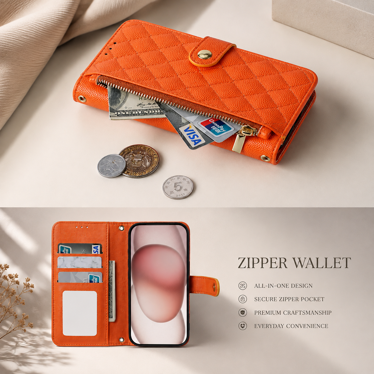 Premium iPhone Case Crossbody Leather Wallet Cover Card Holder Lanyard Strap Camera Lens Protection Anti Scratch Non Slip Protective PU Design