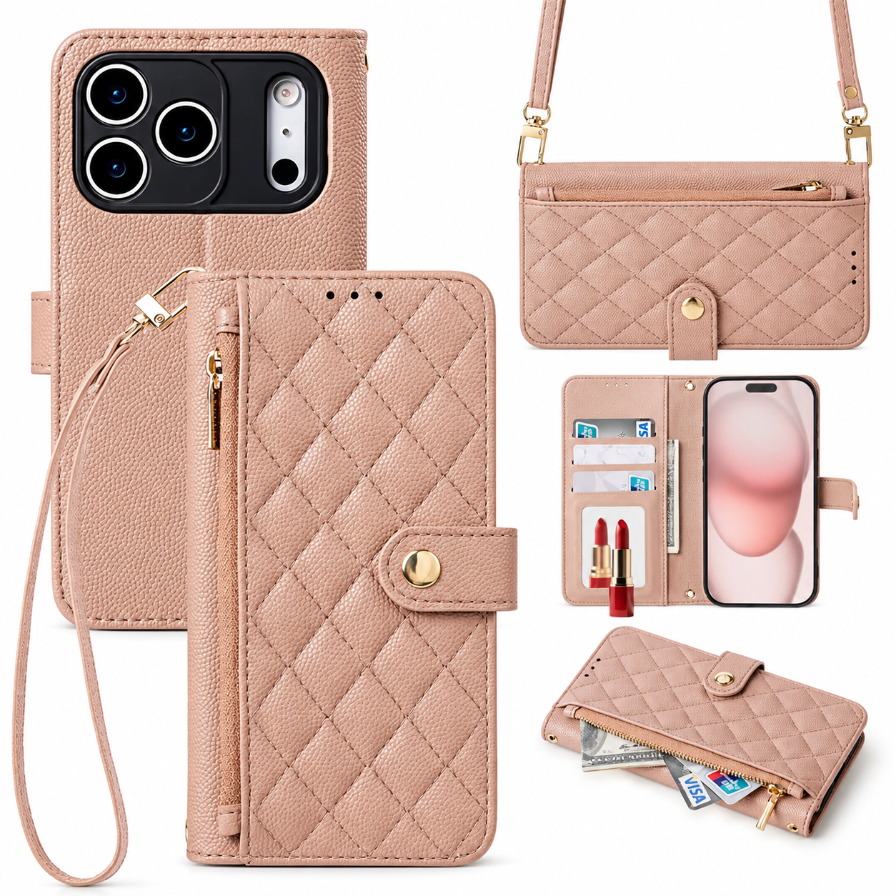 Premium iPhone Case Crossbody Leather Wallet Cover Card Holder Lanyard Strap Camera Lens Protection Anti Scratch Non Slip Protective PU Design