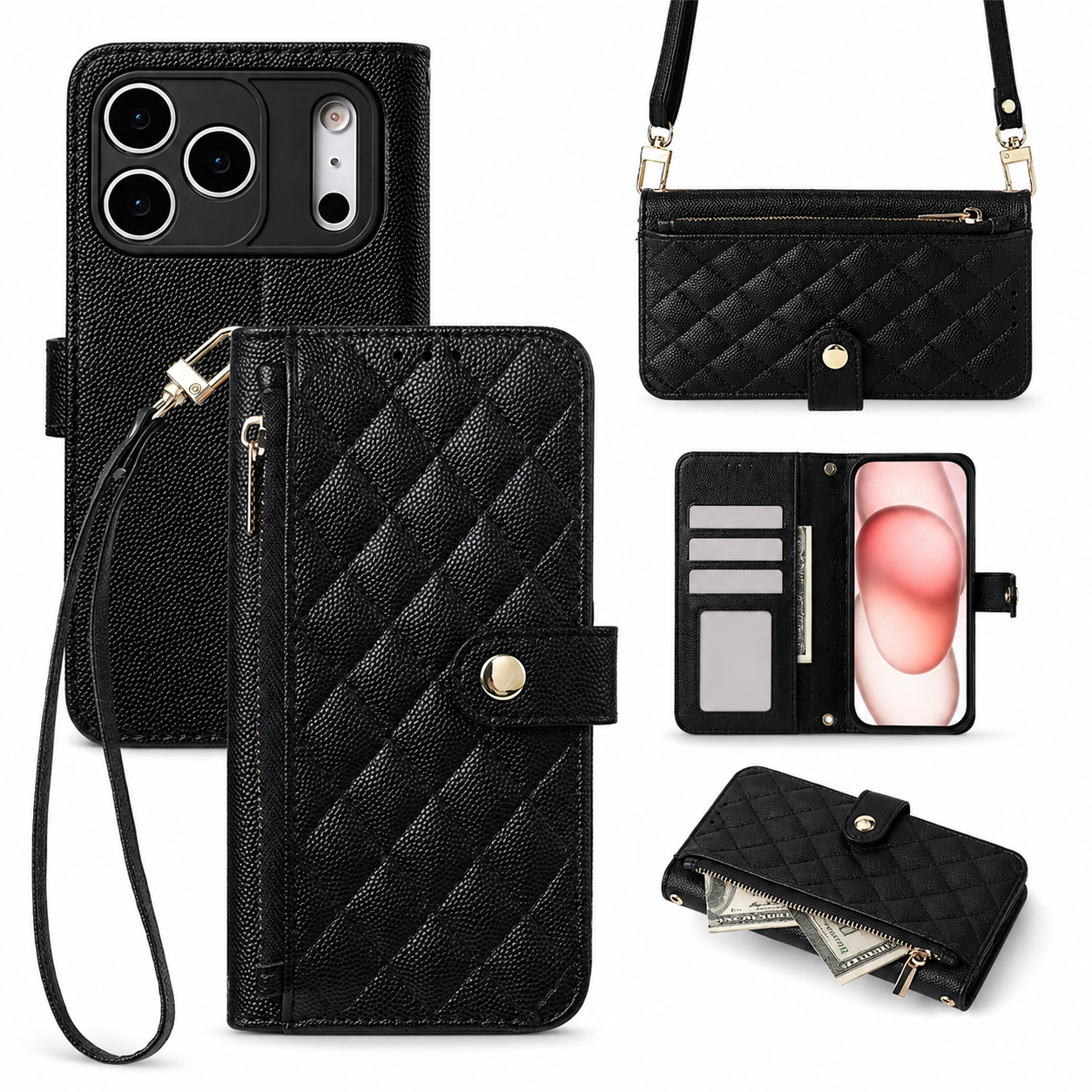 Premium iPhone Case Crossbody Leather Wallet Cover Card Holder Lanyard Strap Camera Lens Protection Anti Scratch Non Slip Protective PU Design