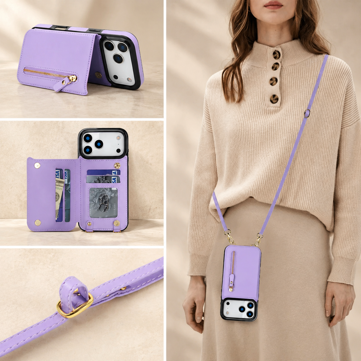 Premium iPhone Case Crossbody Leather Wallet Cover RFID Card Holder Zipper Pocket Lanyard Strap Shockproof Anti Fingerprint Full Coverage