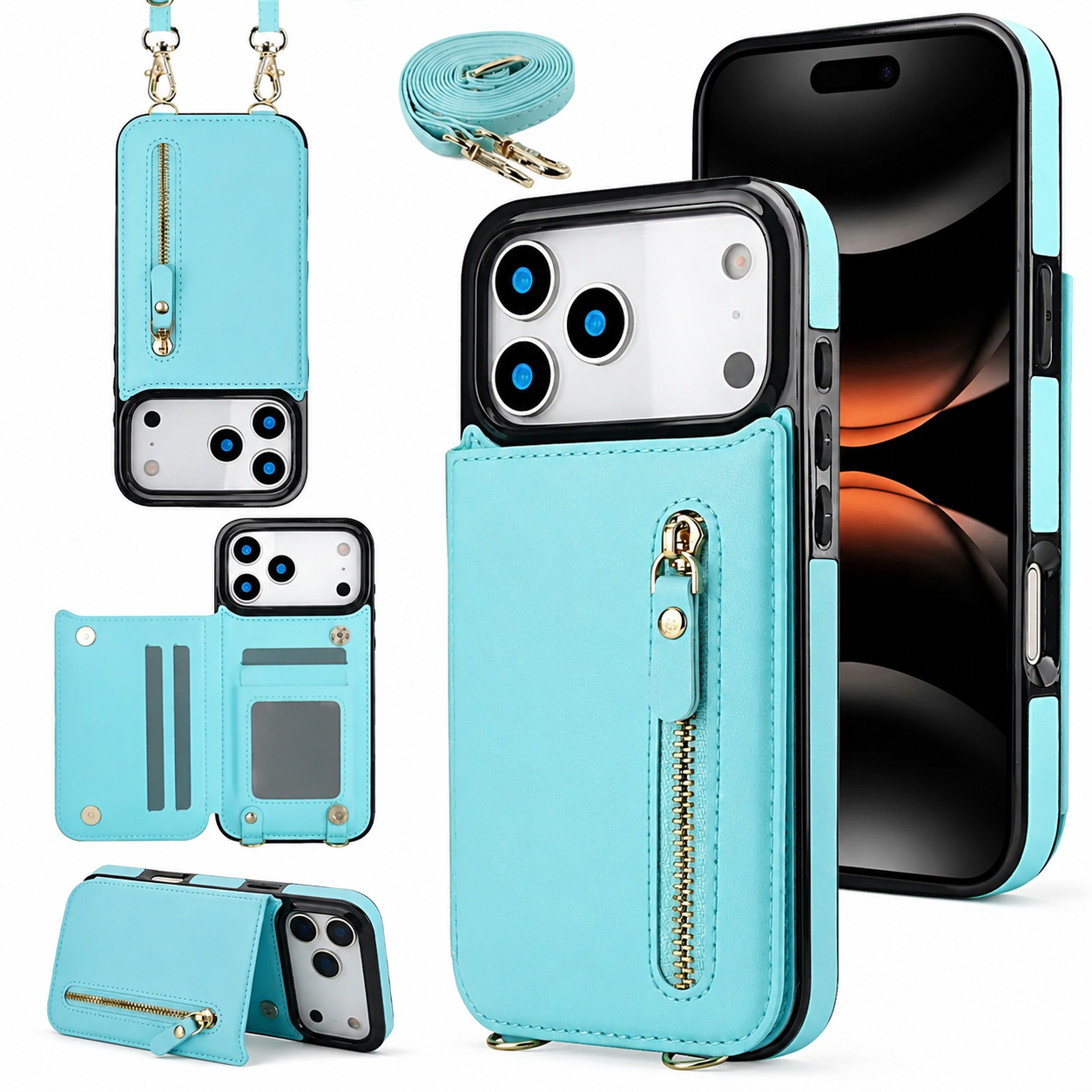 Premium iPhone Case Crossbody Leather Wallet Cover RFID Card Holder Zipper Pocket Lanyard Strap Shockproof Anti Fingerprint Full Coverage
