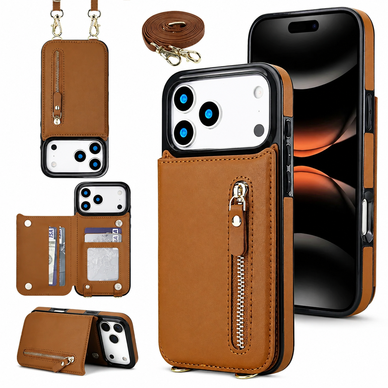 Premium iPhone Case Crossbody Leather Wallet Cover RFID Card Holder Zipper Pocket Lanyard Strap Shockproof Anti Fingerprint Full Coverage
