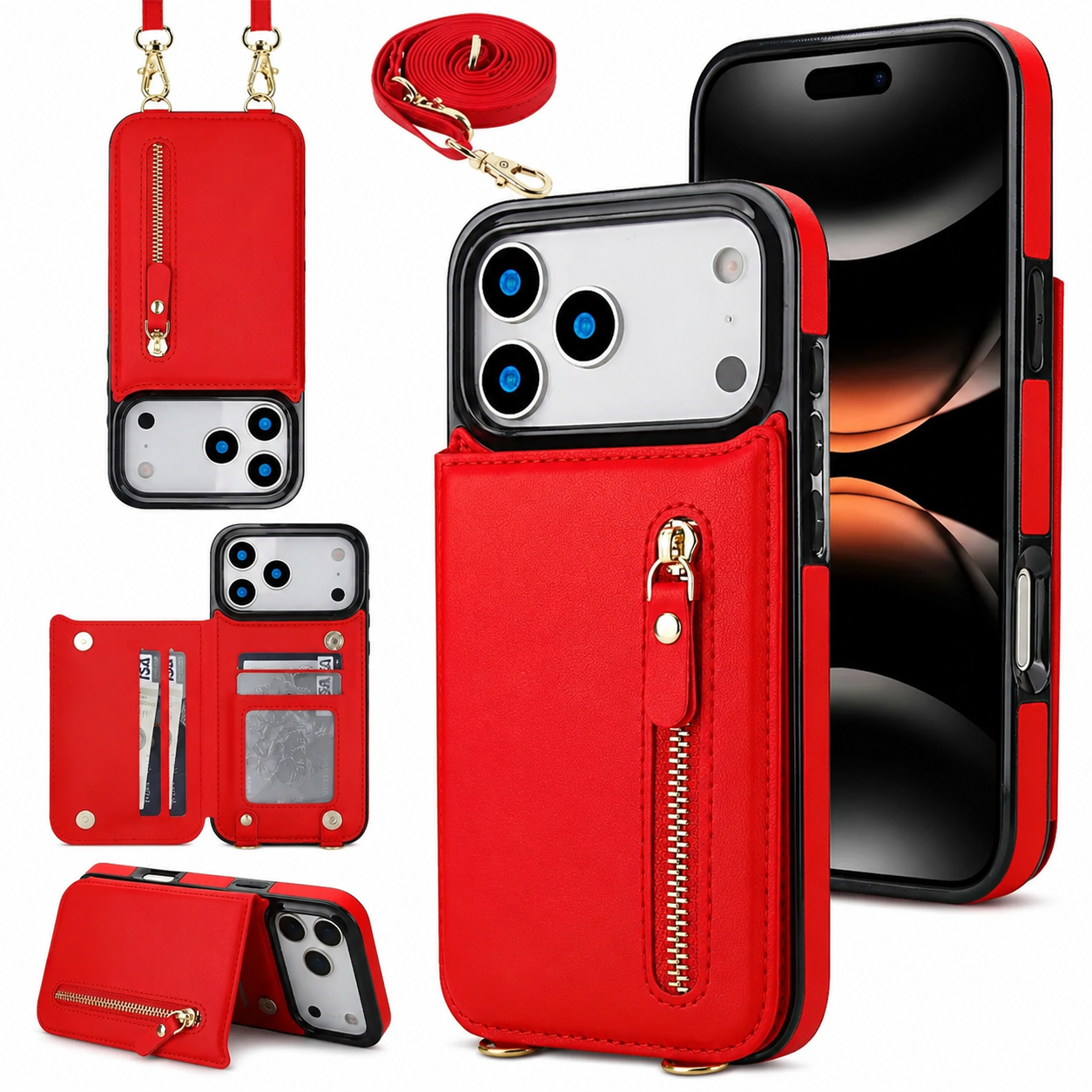 Premium iPhone Case Crossbody Leather Wallet Cover RFID Card Holder Zipper Pocket Lanyard Strap Shockproof Anti Fingerprint Full Coverage