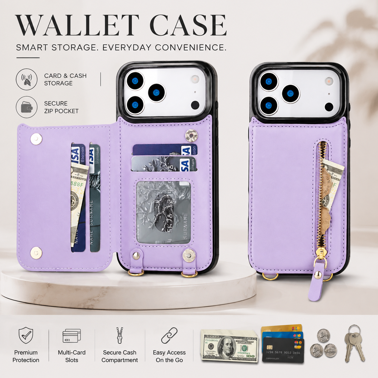 Premium iPhone Case Crossbody Leather Wallet Cover RFID Card Holder Zipper Pocket Lanyard Strap Shockproof Anti Fingerprint Full Coverage