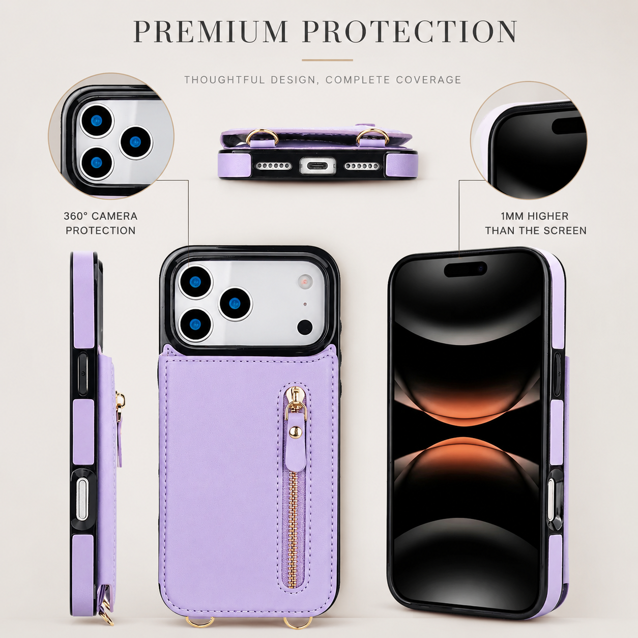 Premium iPhone Case Crossbody Leather Wallet Cover RFID Card Holder Zipper Pocket Lanyard Strap Shockproof Anti Fingerprint Protective Design