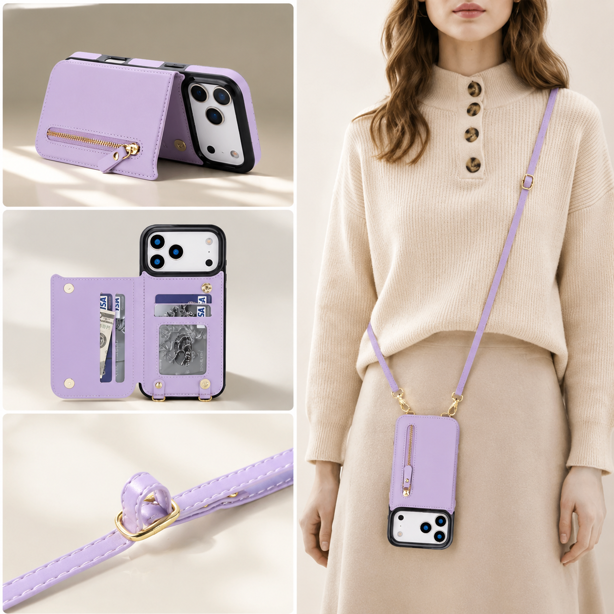 Premium iPhone Case Crossbody Leather Wallet Cover RFID Card Holder Zipper Pocket Lanyard Strap Shockproof Anti Fingerprint Protective Design