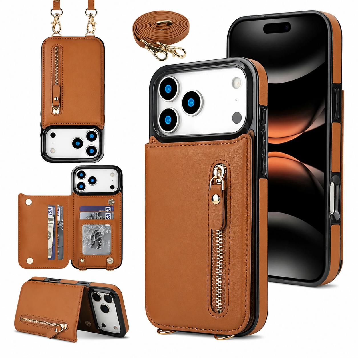 Premium iPhone Case Crossbody Leather Wallet Cover RFID Card Holder Zipper Pocket Lanyard Strap Shockproof Anti Fingerprint Protective Design