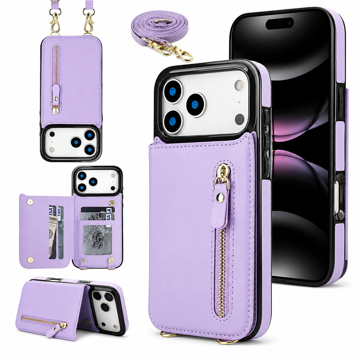 Premium iPhone Case Crossbody Leather Wallet Cover RFID Card Holder Zipper Pocket Lanyard Strap Shockproof Anti Fingerprint Protective Design