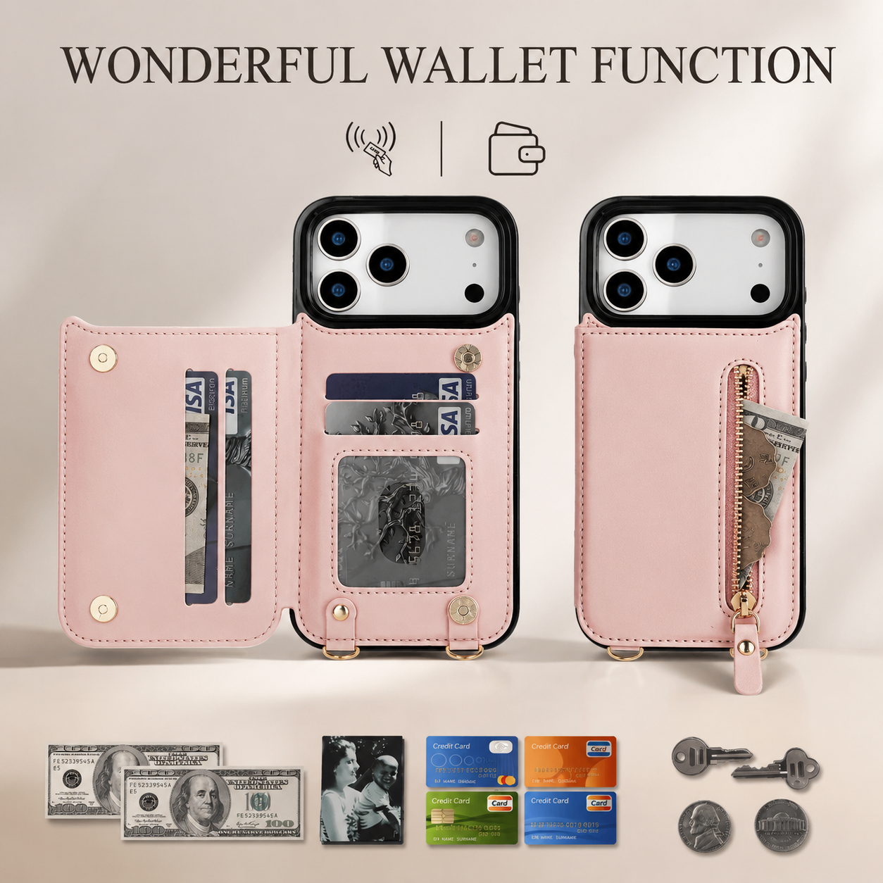 Premium iPhone Case Crossbody Leather Wallet Cover RFID Card Holder Zipper Pocket Lanyard Strap Shockproof Anti Fingerprint Protective Design