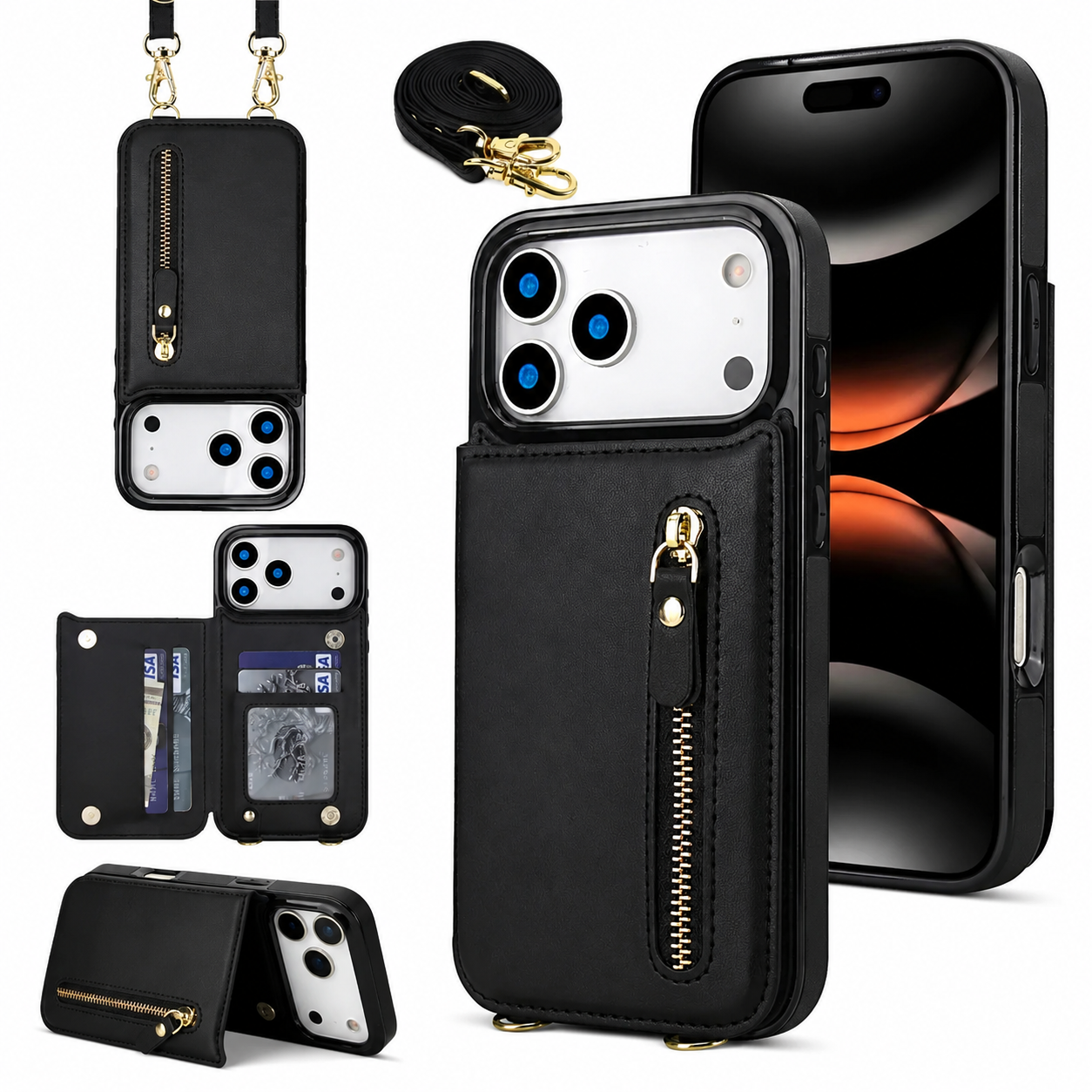 Premium iPhone Case Crossbody Leather Wallet Cover RFID Card Holder Zipper Pocket Lanyard Strap Shockproof Anti Fingerprint Protective Design