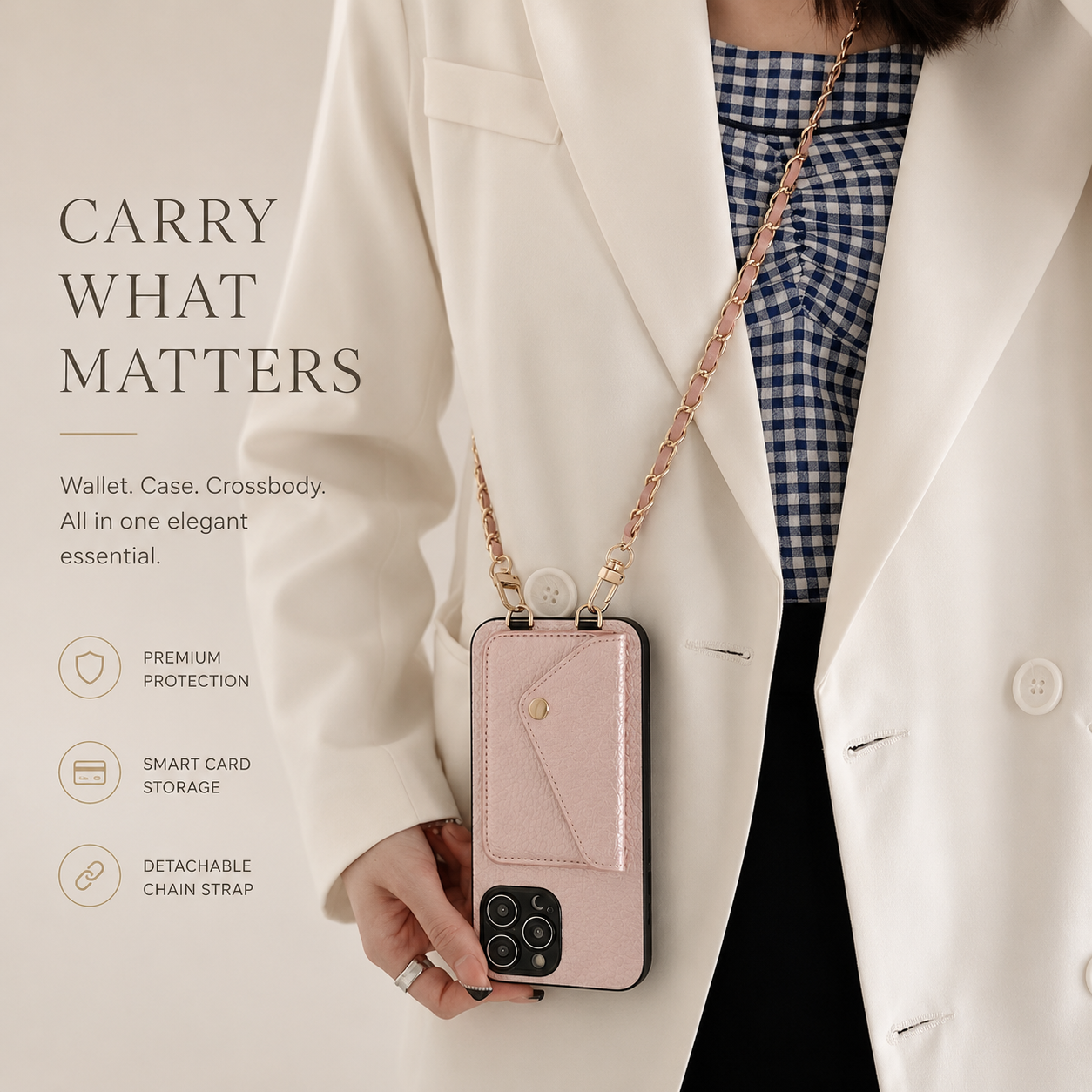 Premium iPhone Case Crossbody Wallet Cover Card Holder Chain Strap Camera Lens Protection PU Leather Shockproof Anti Scratch Full Coverage