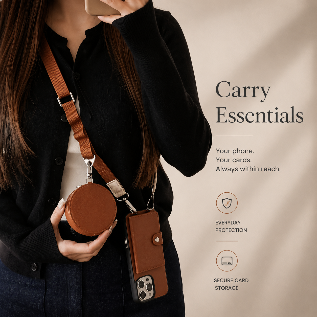 Premium iPhone Case Crossbody Wallet Cover PU Leather Card Slots Zipper Coin Purse Lanyard Strap Shockproof Protective Full Access Design Slim