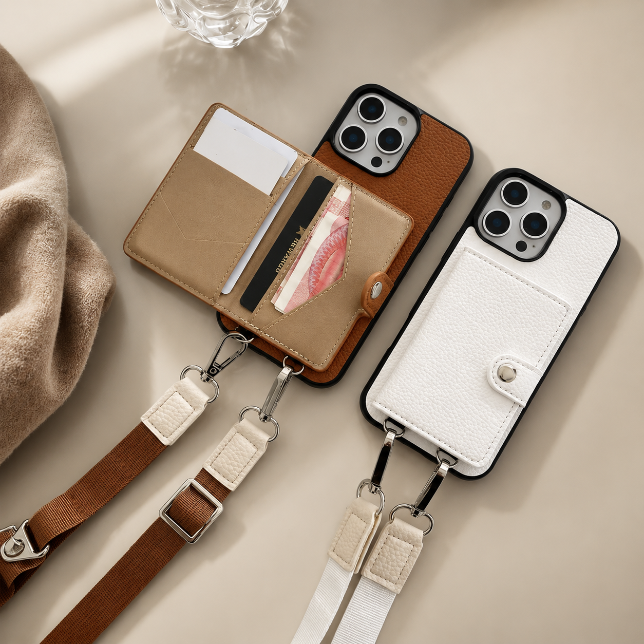 Premium iPhone Case Crossbody Wallet Cover PU Leather Card Slots Zipper Coin Purse Lanyard Strap Shockproof Protective Full Access Design Slim