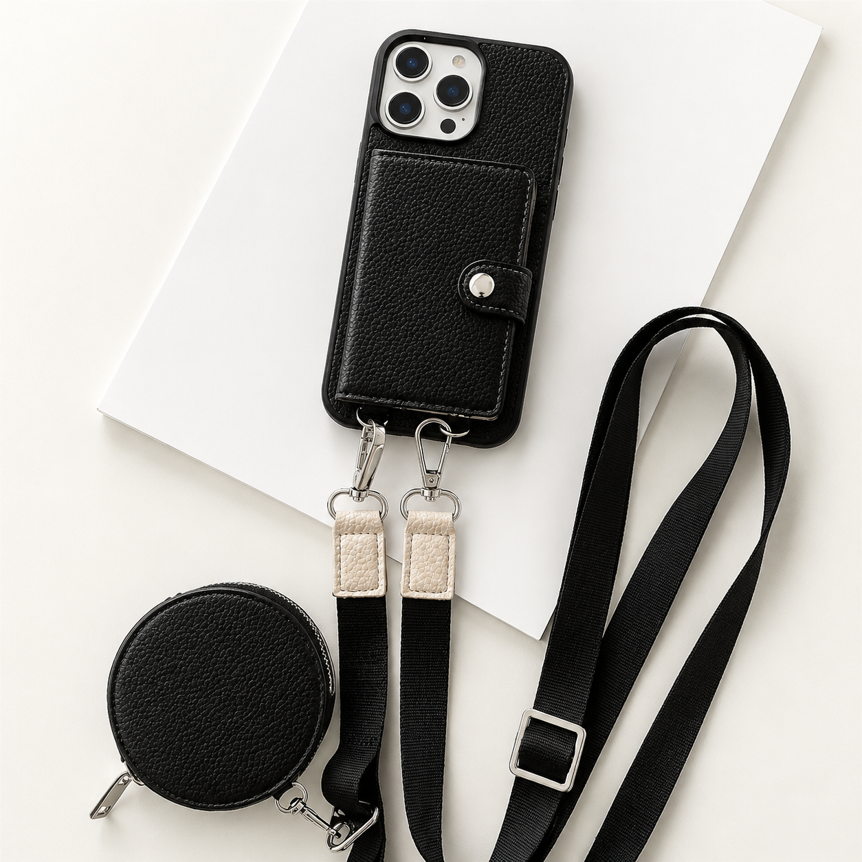 Premium iPhone Case Crossbody Wallet Cover PU Leather Card Slots Zipper Coin Purse Lanyard Strap Shockproof Protective Full Access Design Slim
