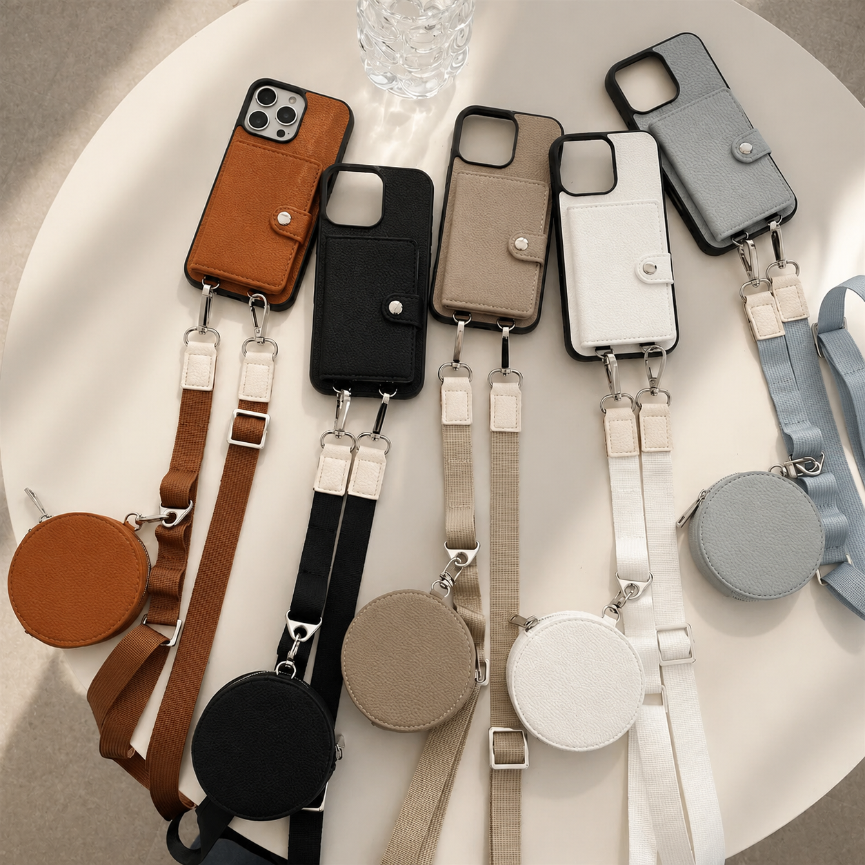 Premium iPhone Case Crossbody Wallet Cover PU Leather Card Slots Zipper Coin Purse Lanyard Strap Shockproof Protective Full Access Design Slim