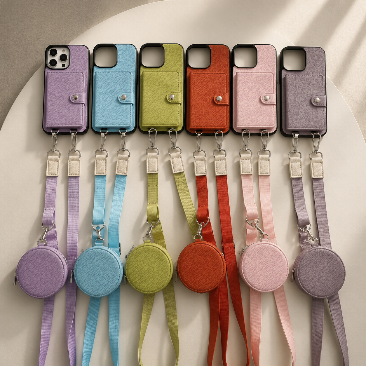 Premium iPhone Case Crossbody Wallet Cover PU Leather Card Slots Zipper Coin Purse Lanyard Strap Shockproof Protective Full Access Design Slim