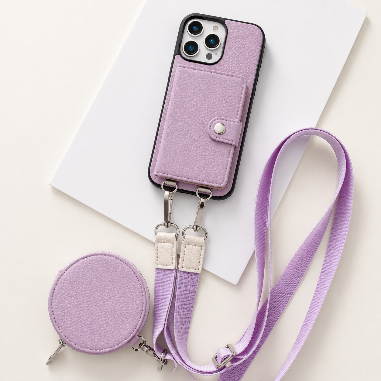 Premium iPhone Case Crossbody Wallet Cover PU Leather Card Slots Zipper Coin Purse Lanyard Strap Shockproof Protective Full Access Design Slim