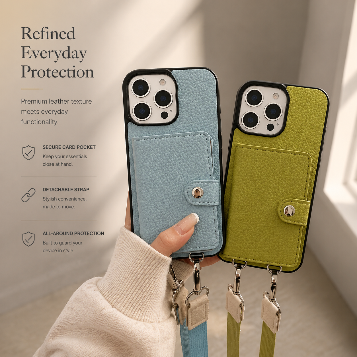 Premium iPhone Case Crossbody Wallet Cover PU Leather Card Slots Zipper Coin Purse Lanyard Strap Shockproof Protective Full Access Design Slim