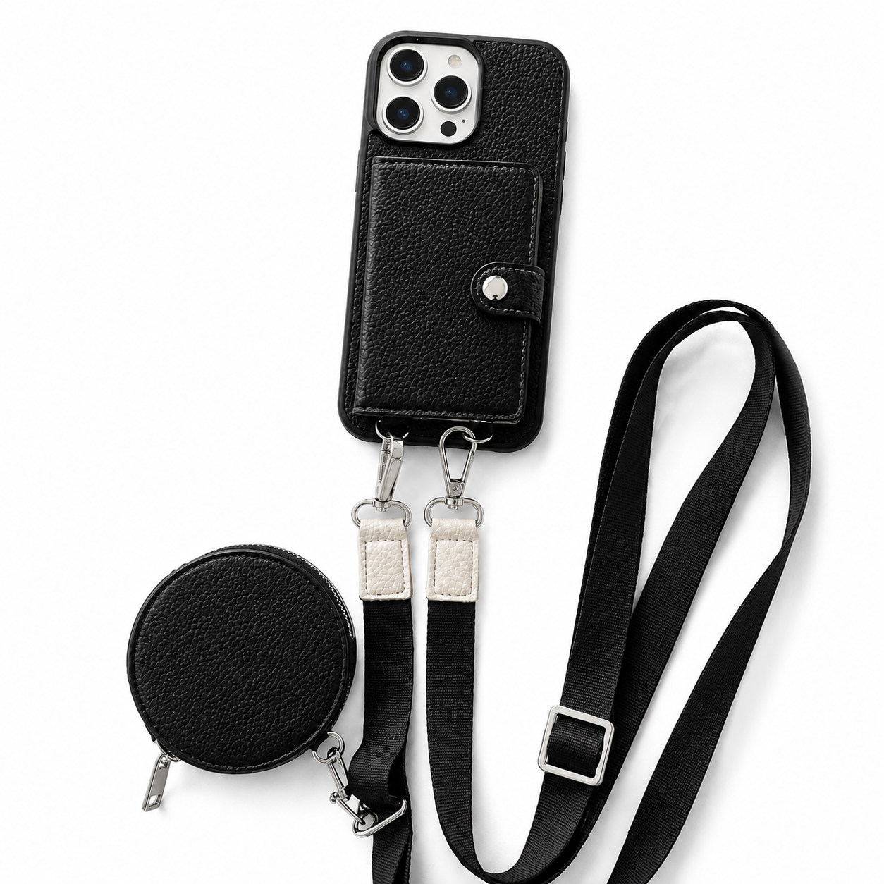 Premium iPhone Case Crossbody Wallet Cover PU Leather Card Slots Zipper Coin Purse Lanyard Strap Shockproof Protective Full Access Design Slim