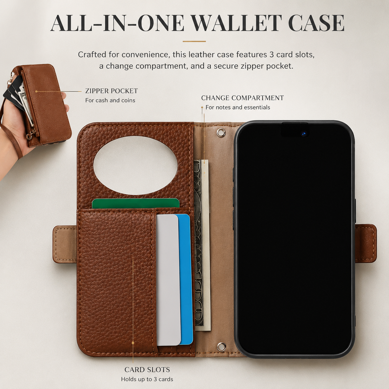 Premium iPhone Case Crossbody Wallet Cover PU Leather Zipper Card Holder Strap Shockproof Magnetic Closure Protective Full Coverage Design