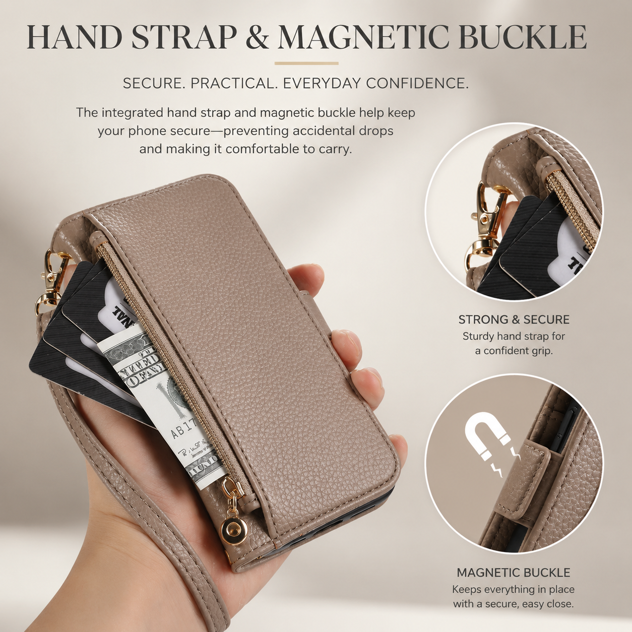 Premium iPhone Case Crossbody Wallet Cover PU Leather Zipper Card Holder Strap Shockproof Magnetic Closure Protective Full Coverage Design