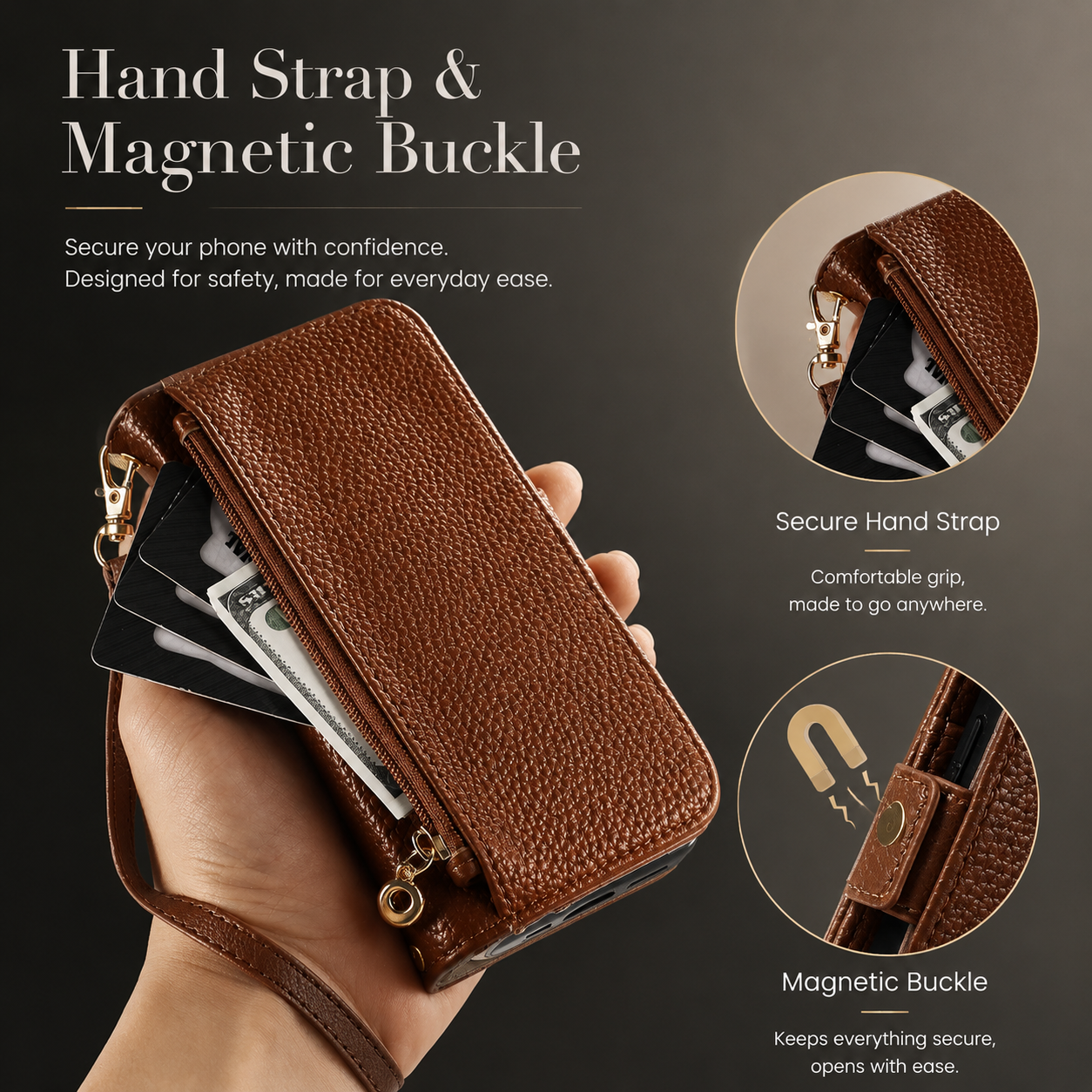Premium iPhone Case Crossbody Wallet Cover PU Leather Zipper Card Holder Strap Shockproof Magnetic Closure Protective Full Coverage Design