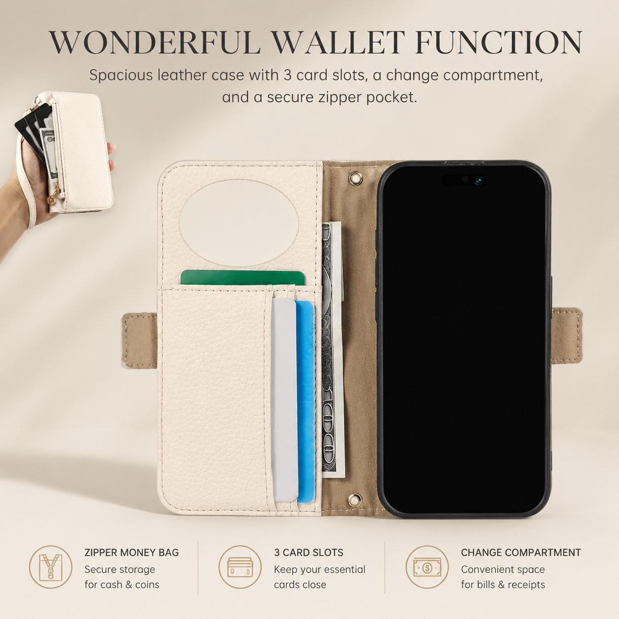 Premium iPhone Case Crossbody Wallet Cover PU Leather Zipper Card Holder Strap Shockproof Magnetic Closure Protective Full Coverage Design