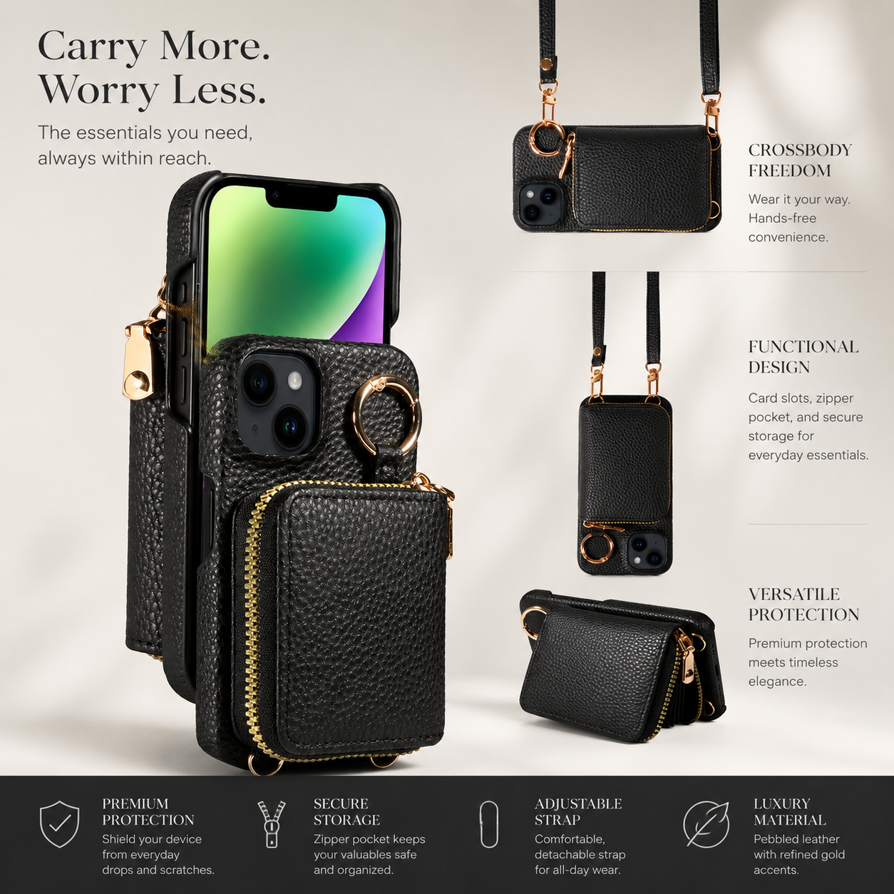 Premium iPhone Case Crossbody Wallet Cover PU Leather Zipper Card Holder Strap Shockproof Protective Case Magnetic Closure Full Coverage Design