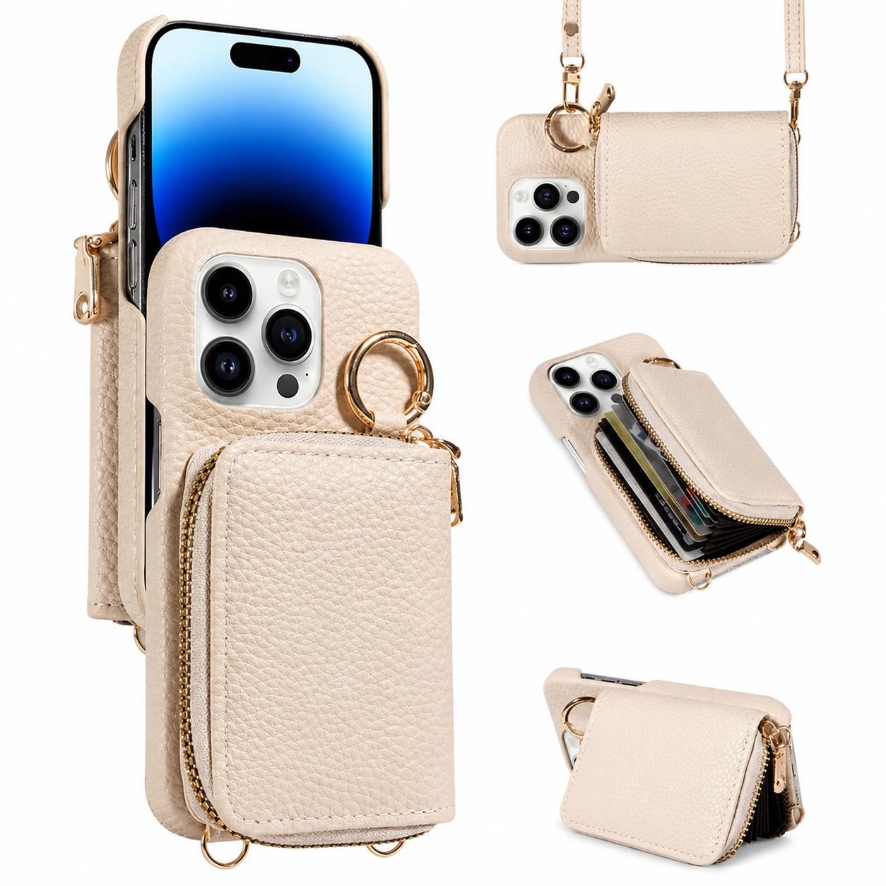 Premium iPhone Case Crossbody Wallet Cover PU Leather Zipper Card Holder Strap Shockproof Protective Case Magnetic Closure Full Coverage Design