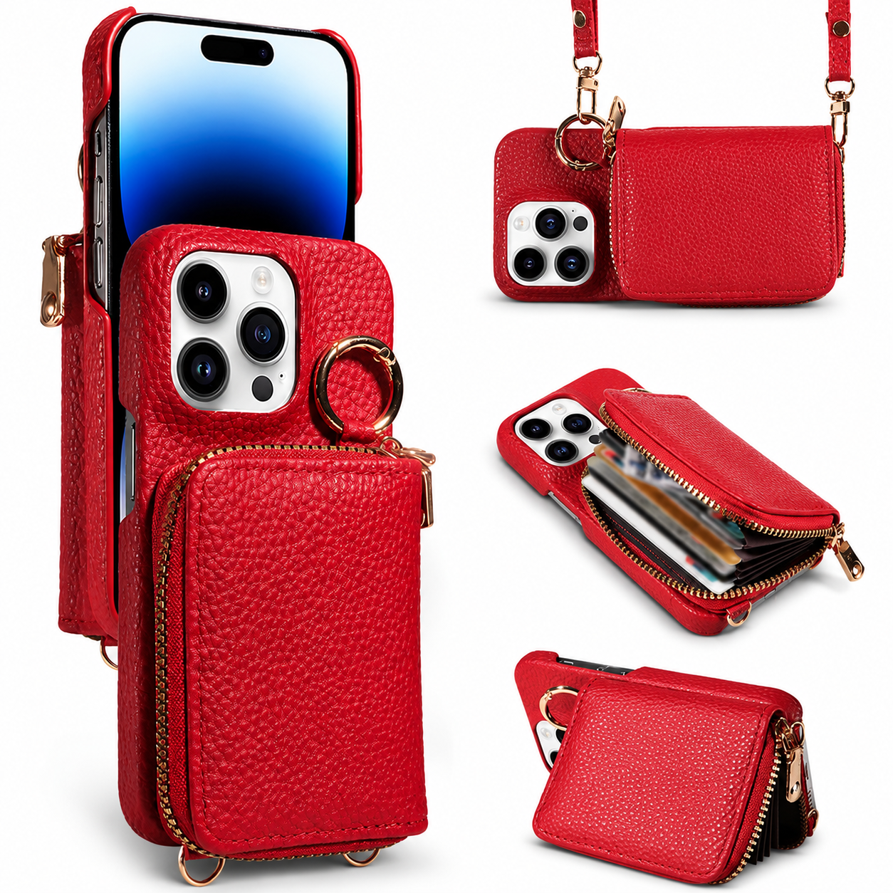 Premium iPhone Case Crossbody Wallet Cover PU Leather Zipper Card Holder Strap Shockproof Protective Case Magnetic Closure Full Coverage Design