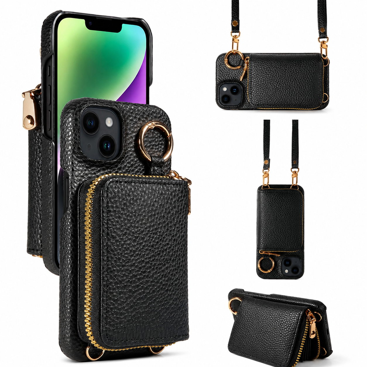 Premium iPhone Case Crossbody Wallet Cover PU Leather Zipper Card Holder Strap Shockproof Protective Case Magnetic Closure Full Coverage Design