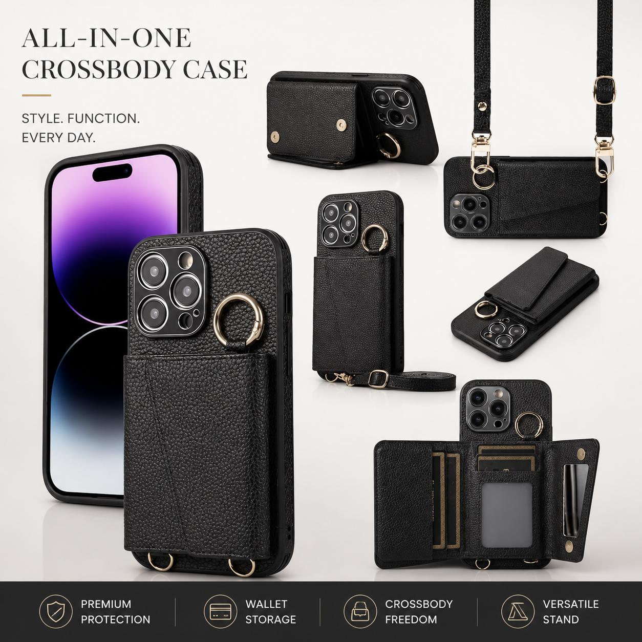 Premium iPhone Case Crossbody Wallet Leather Cover MagSafe Compatible Card Holder Strap Finger Ring Stand Shockproof Protective Case Full Coverage Design