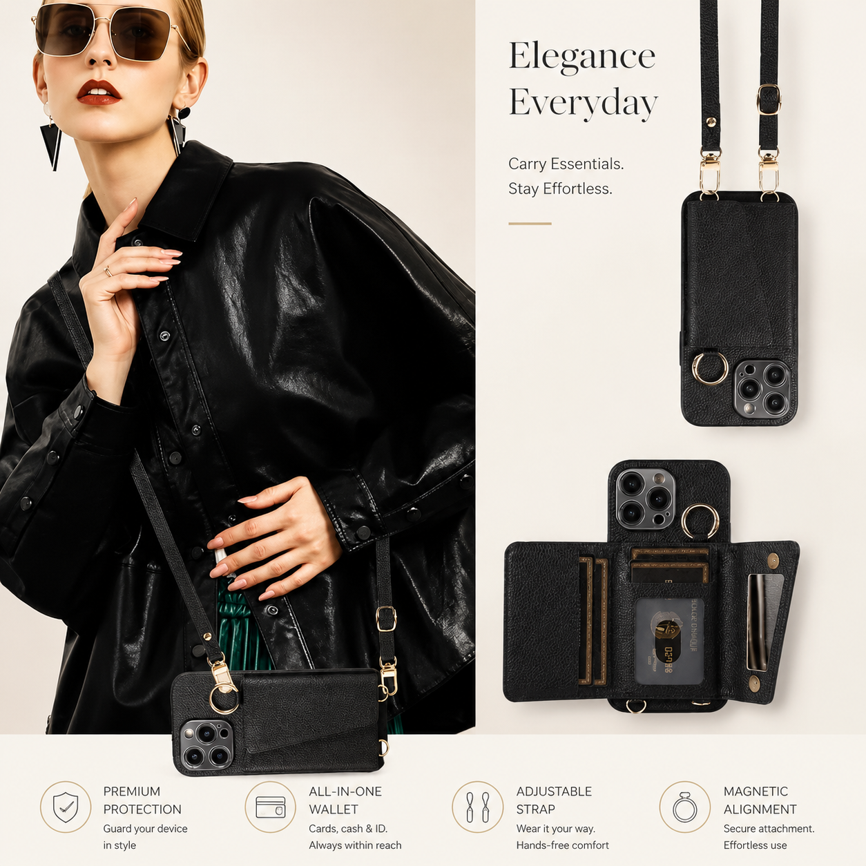 Premium iPhone Case Crossbody Wallet Leather Cover MagSafe Compatible Card Holder Strap Finger Ring Stand Shockproof Protective Case Full Coverage Design