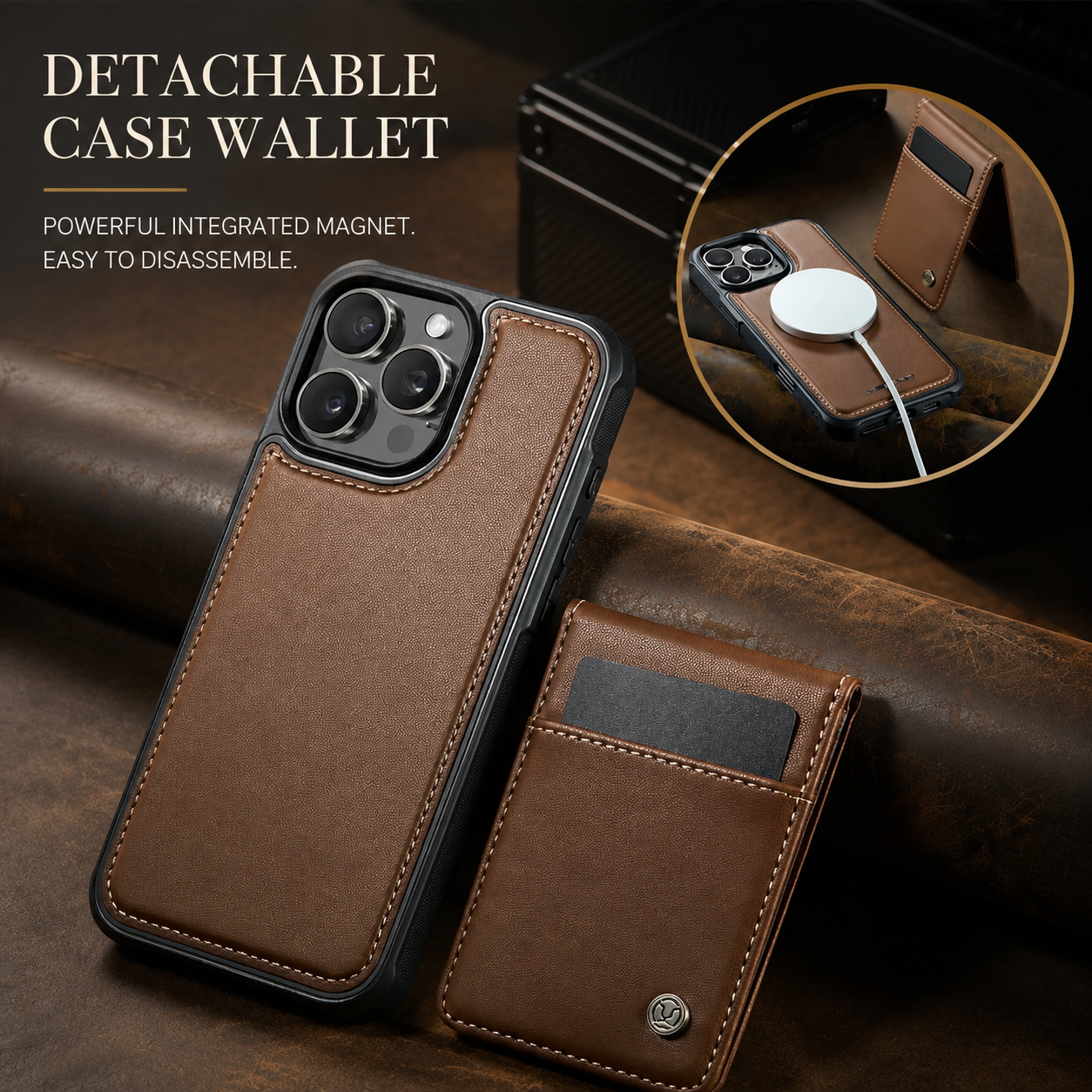 Premium iPhone Case Detachable Magnetic Leather Wallet Cover Card Slot Holder Kickstand Shockproof Anti Fingerprint Protective Design Slim Durable