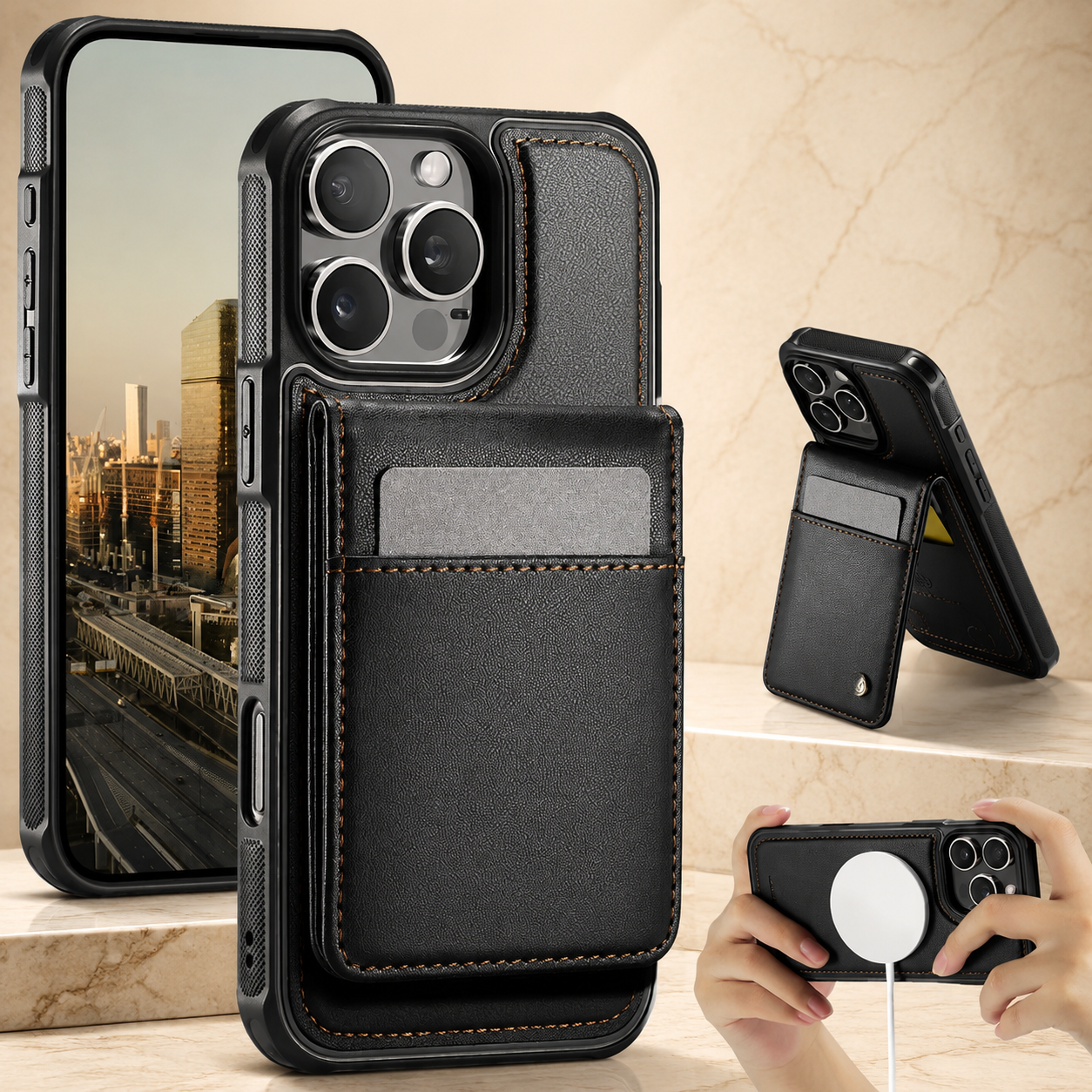 Premium iPhone Case Detachable Magnetic Leather Wallet Cover Card Slot Holder Kickstand Shockproof Anti Fingerprint Protective Design Slim Durable