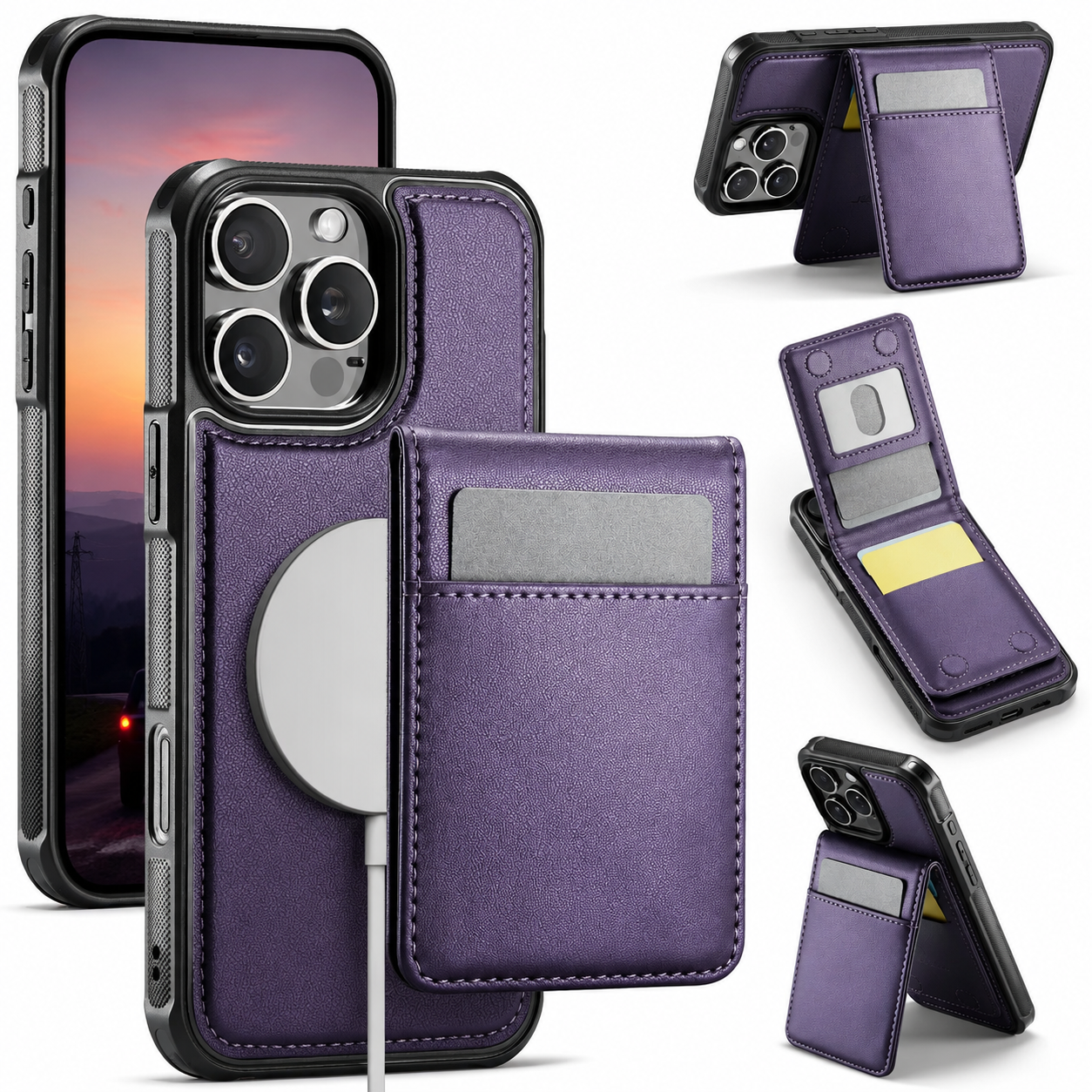 Premium iPhone Case Detachable Magnetic Leather Wallet Cover Card Slot Holder Kickstand Shockproof Anti Fingerprint Protective Design Slim Durable