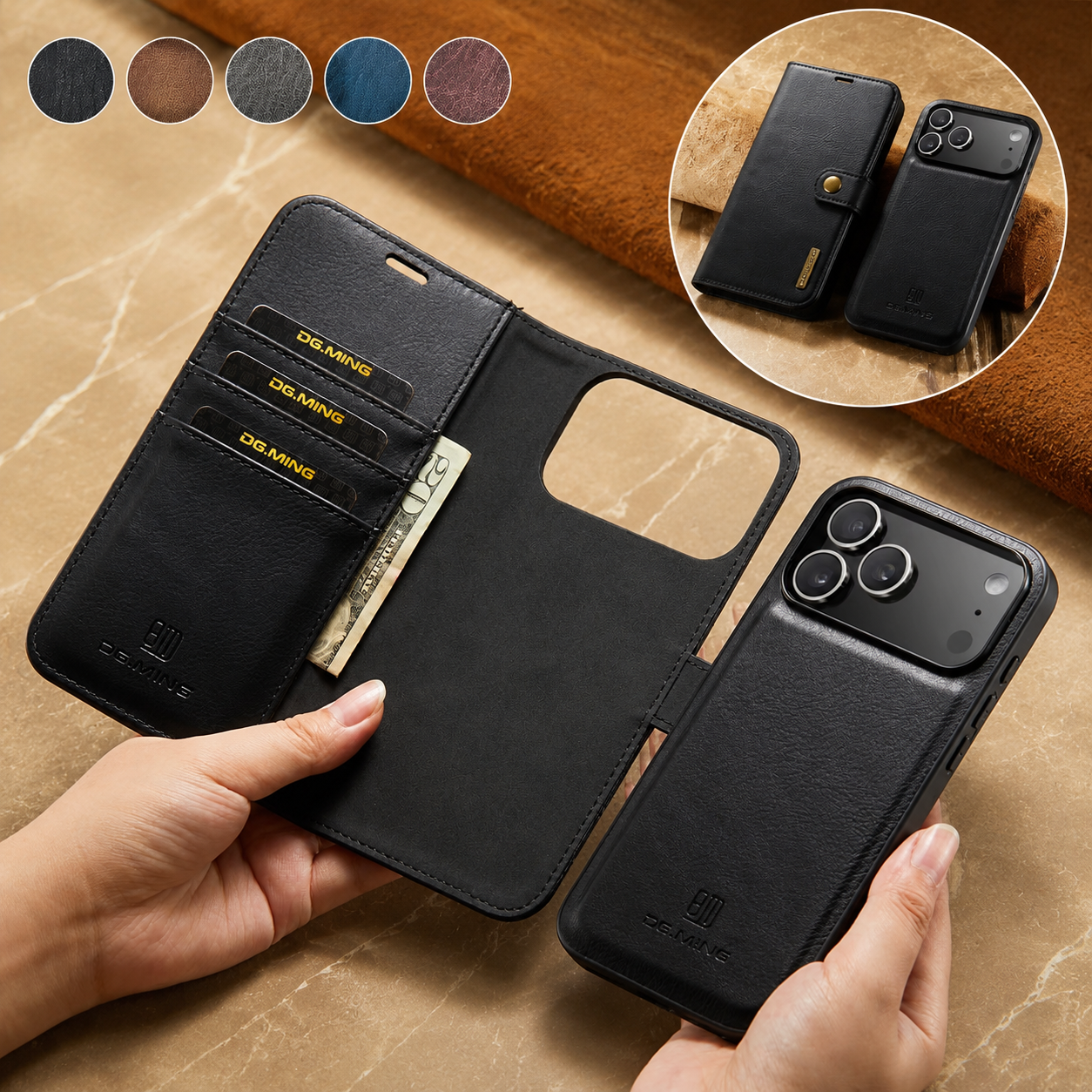 Premium iPhone Case Detachable Magnetic Leather Wallet Cover with Card Holder Flip Design Shockproof Full Body Protection Slim Durable Protective Style