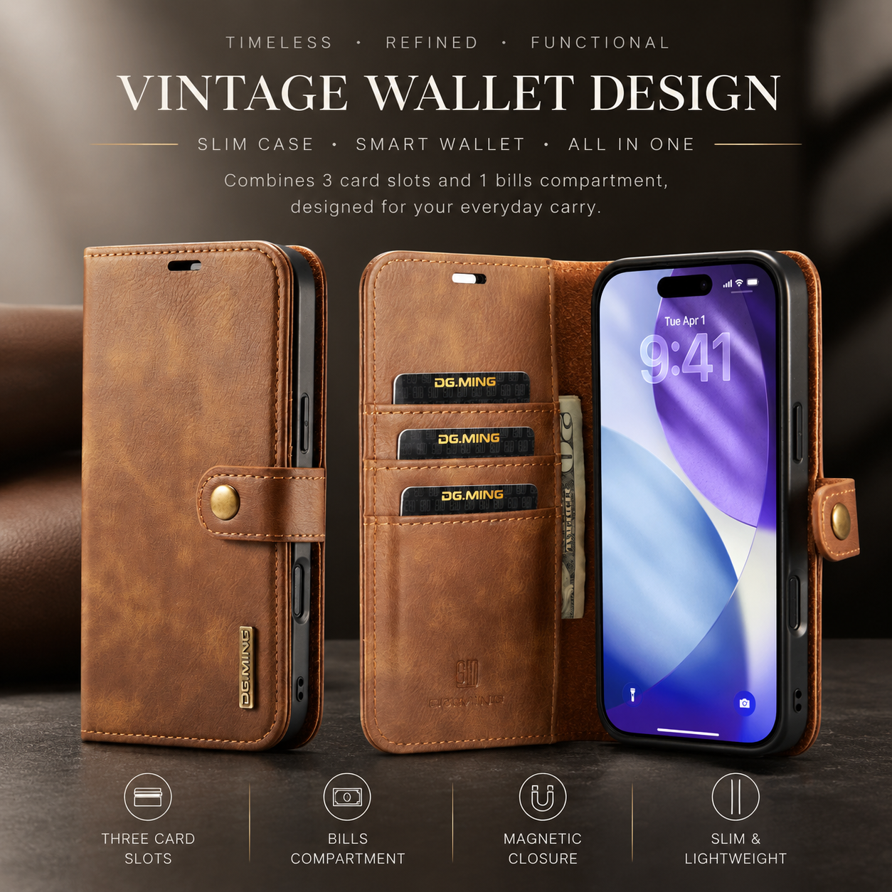 Premium iPhone Case Detachable Magnetic Leather Wallet Cover with Card Holder Flip Design Shockproof Full Body Protection Slim Durable Protective Style