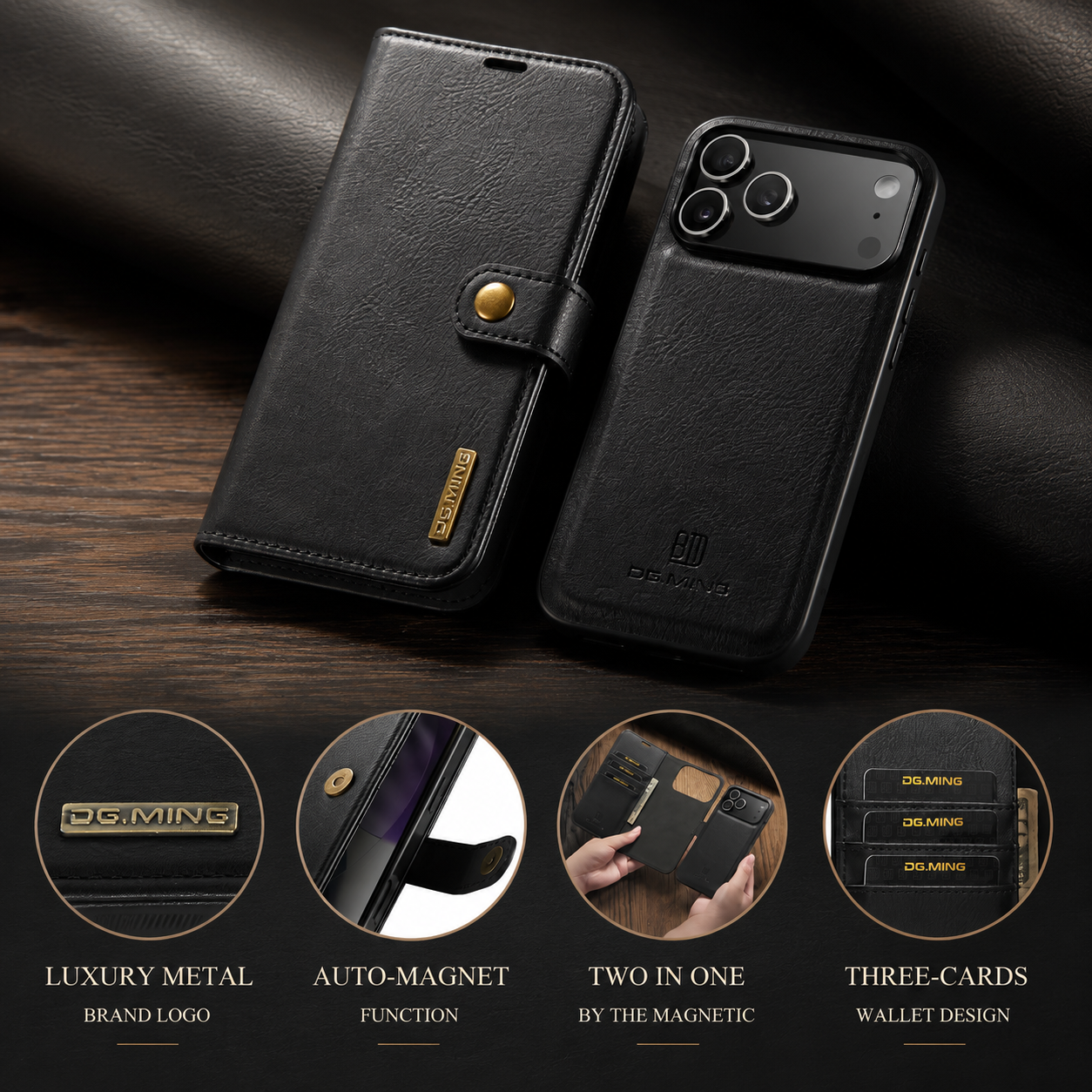 Premium iPhone Case Detachable Magnetic Leather Wallet Cover with Card Holder Flip Design Shockproof Full Body Protection Slim Durable Protective Style