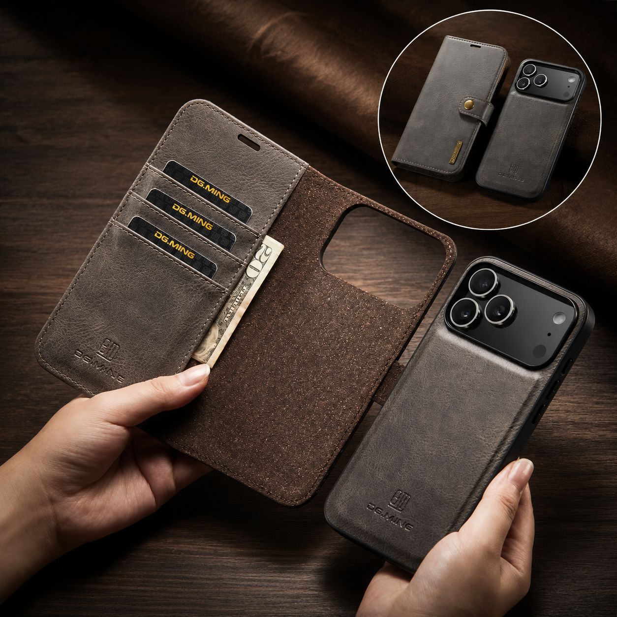 Premium iPhone Case Detachable Magnetic Leather Wallet Cover with Card Holder Flip Design Shockproof Full Body Protection Slim Durable Protective Style