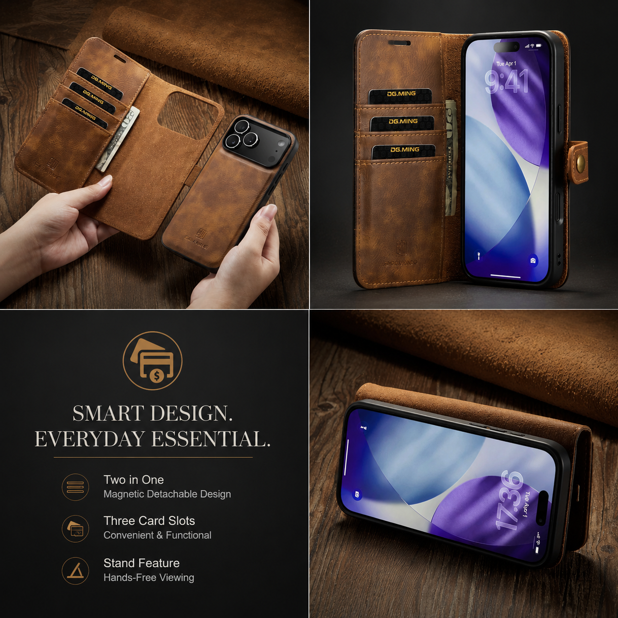 Premium iPhone Case Detachable Magnetic Leather Wallet Cover with Card Holder Flip Design Shockproof Full Body Protection Slim Durable Protective Style