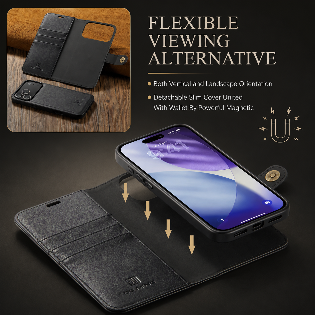 Premium iPhone Case Detachable Magnetic Leather Wallet Cover with Card Holder Flip Design Shockproof Full Body Protection Slim Durable Protective Style